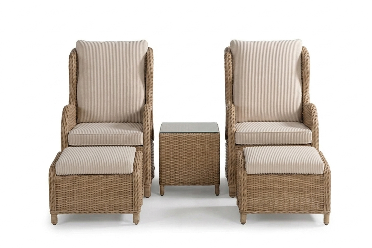 Calm balcony caféset - 2 fåtöljer + bord & fotpall