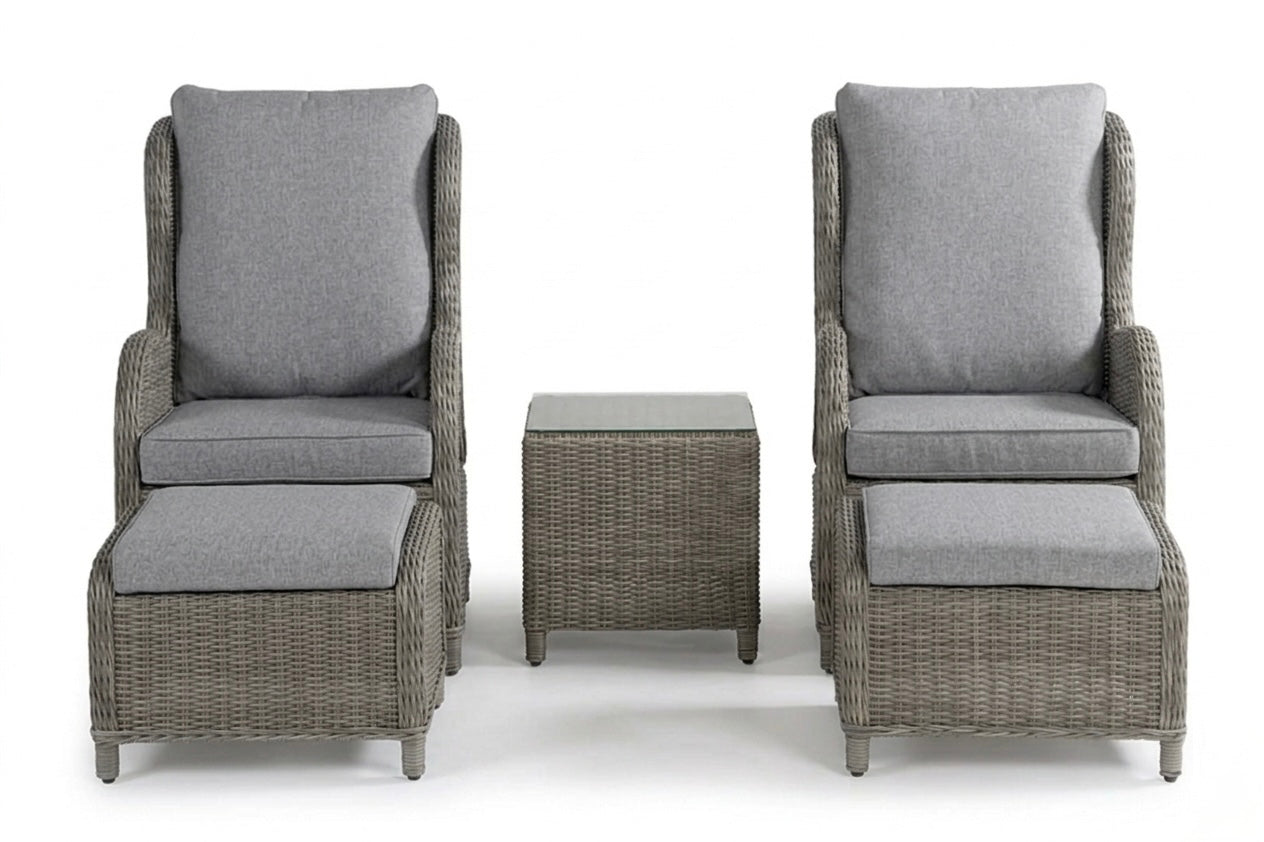 Calm balcony caféset - 2 fåtöljer + bord & fotpall