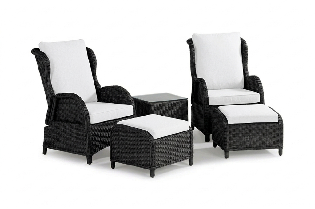 Calm balcony caféset - 2 fåtöljer + bord & fotpall