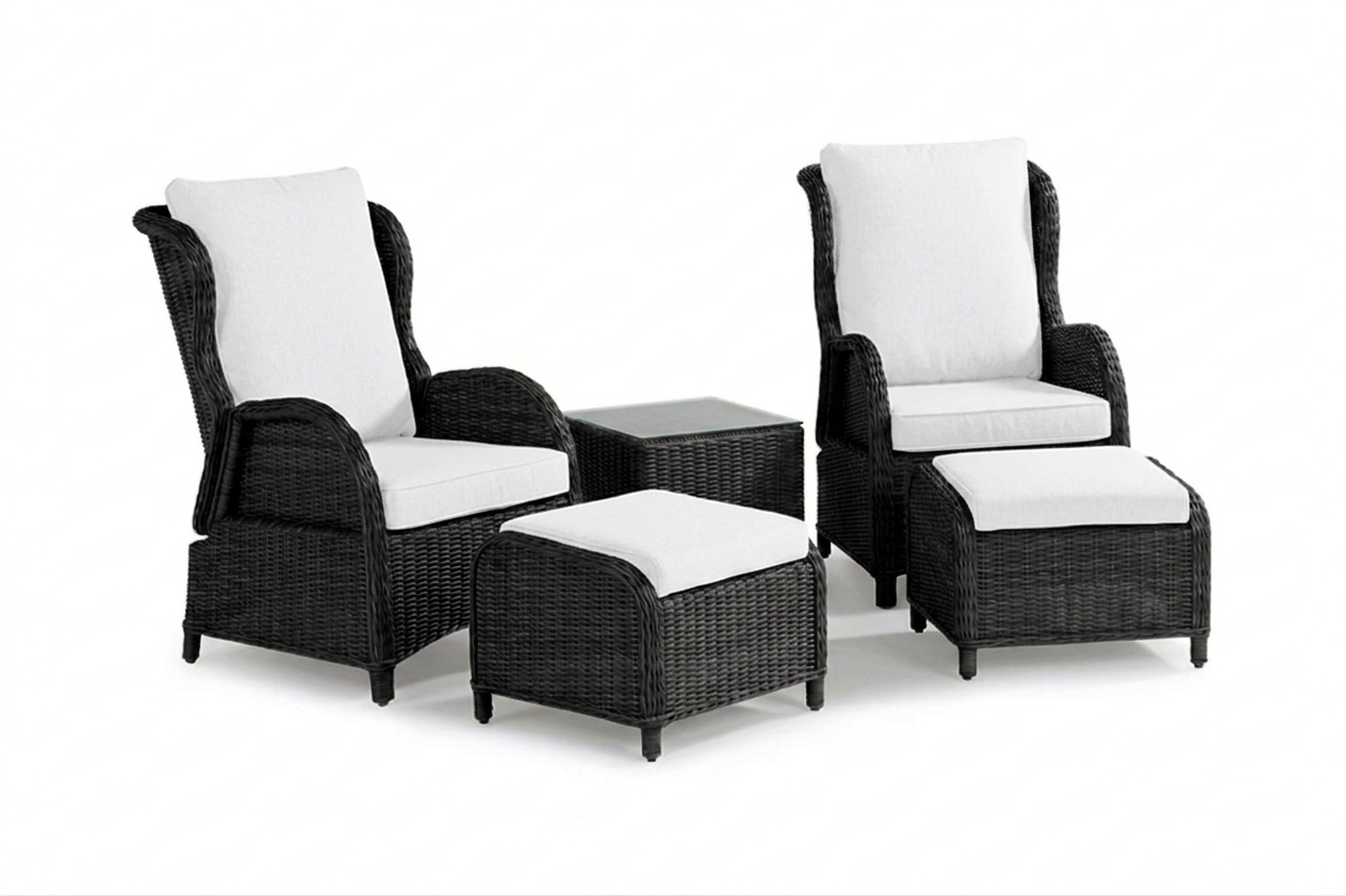 Calm balcony caféset - 2 fåtöljer + bord & fotpall